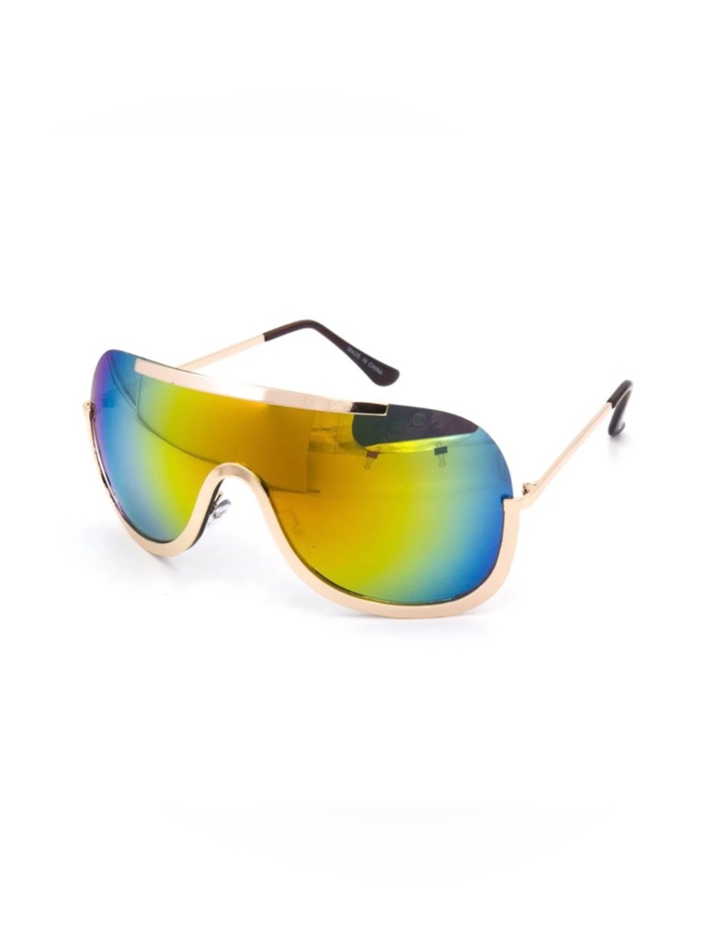 Gold Frame Mirrored Shield Sunglasses in Yellow-Blue Gradient